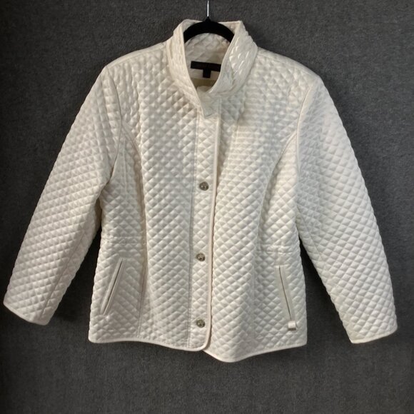 Anne Klein Sz L White Satin Quilted Jacket Metal Toggle Floral Lined - Picture 1 of 15